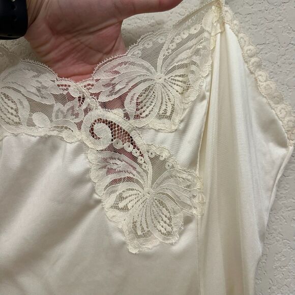 VTG 70s WORKER MAID Lace-Trim Satin Midi Slip Dress Cream UNION WORKER - Picture 3 of 10